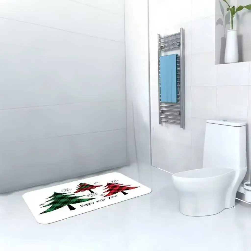 Christmas Tree & Plaid Bath Mat: Festive Red & Green Pine Print with 