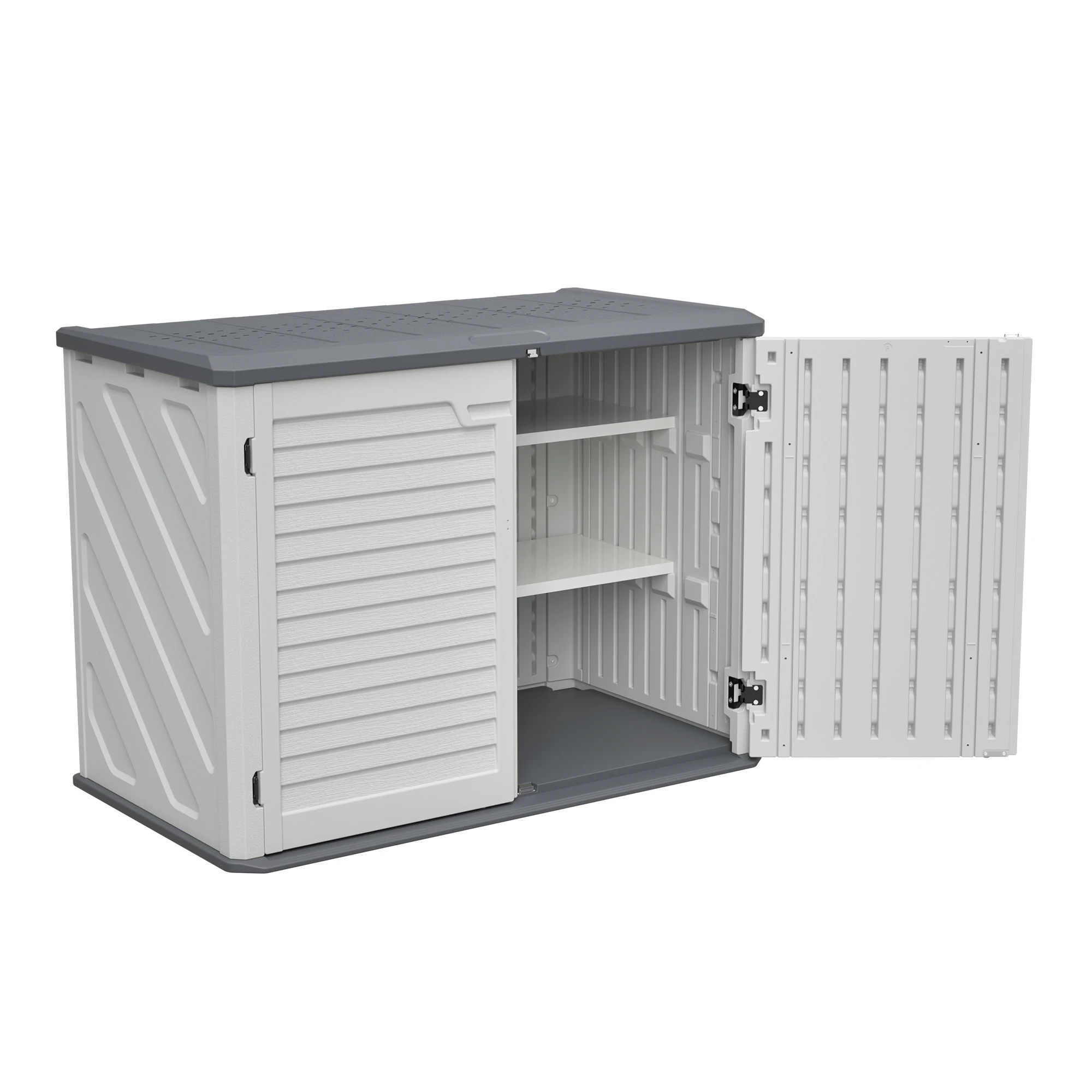 

Horizontal outdoor storage shed, removable shelf, lockable, weather-resistant HDPE plastic, 28 cu.ft backyard patio garden White