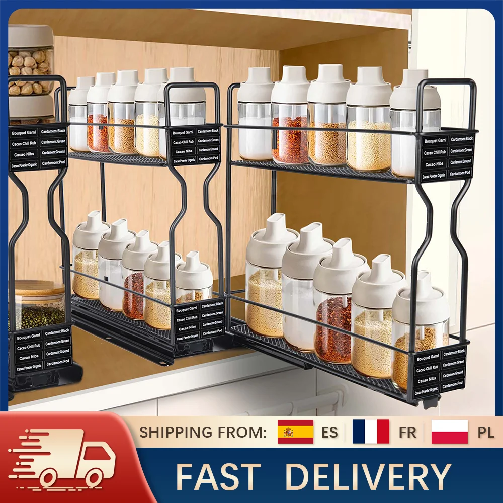 Organizzatore per portaspezie a 2 livelli con etichetta 4 griglie Cucina Sala da pranzo Scaffale per cassetti per spezie in metallo Scaffale per spezie estraibile
