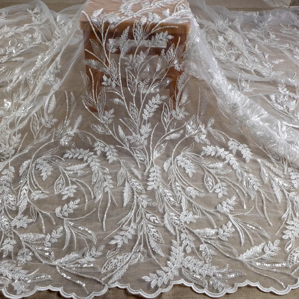 HelluyerDc tela de encaje con cuentas blancas, patrones de orejas de trigo para vestido de fiesta de boda, tela a medida