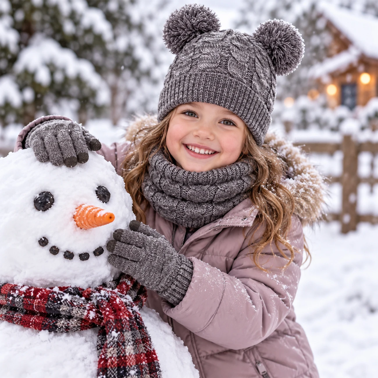 3 Piece Kids Winter Hat Scarf Gloves Set Warm Knit Pom Pom Beanie Outdoor Snow Ski Accessories for Children