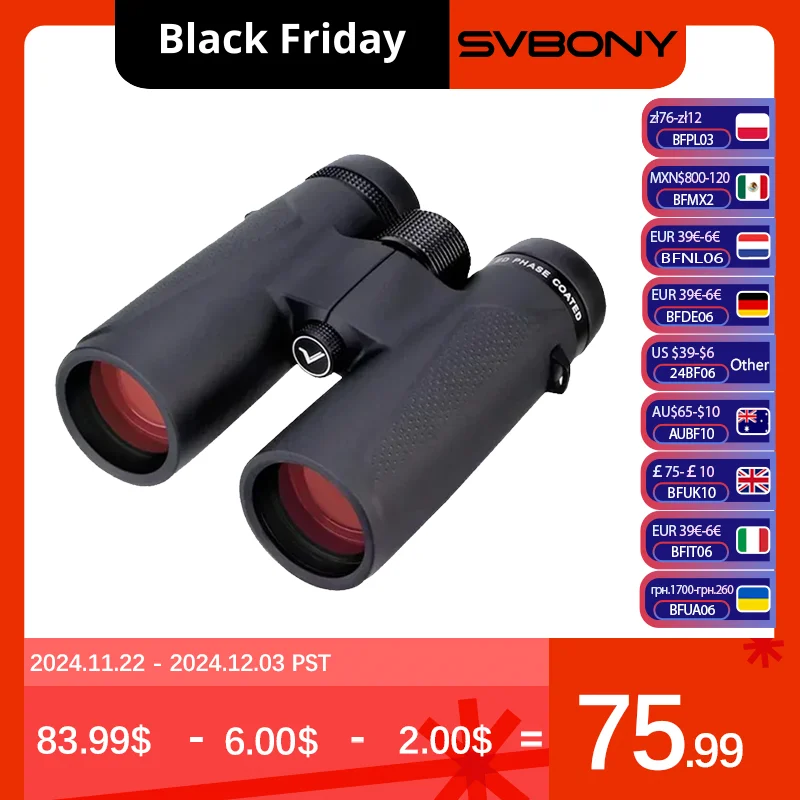 

SVBONY SV202 8X32/8x42/10x42 ED long range Binoculars,IPX7 Waterproof BAK4,Bird Watching,Stargazing,camping,travel,astronomy