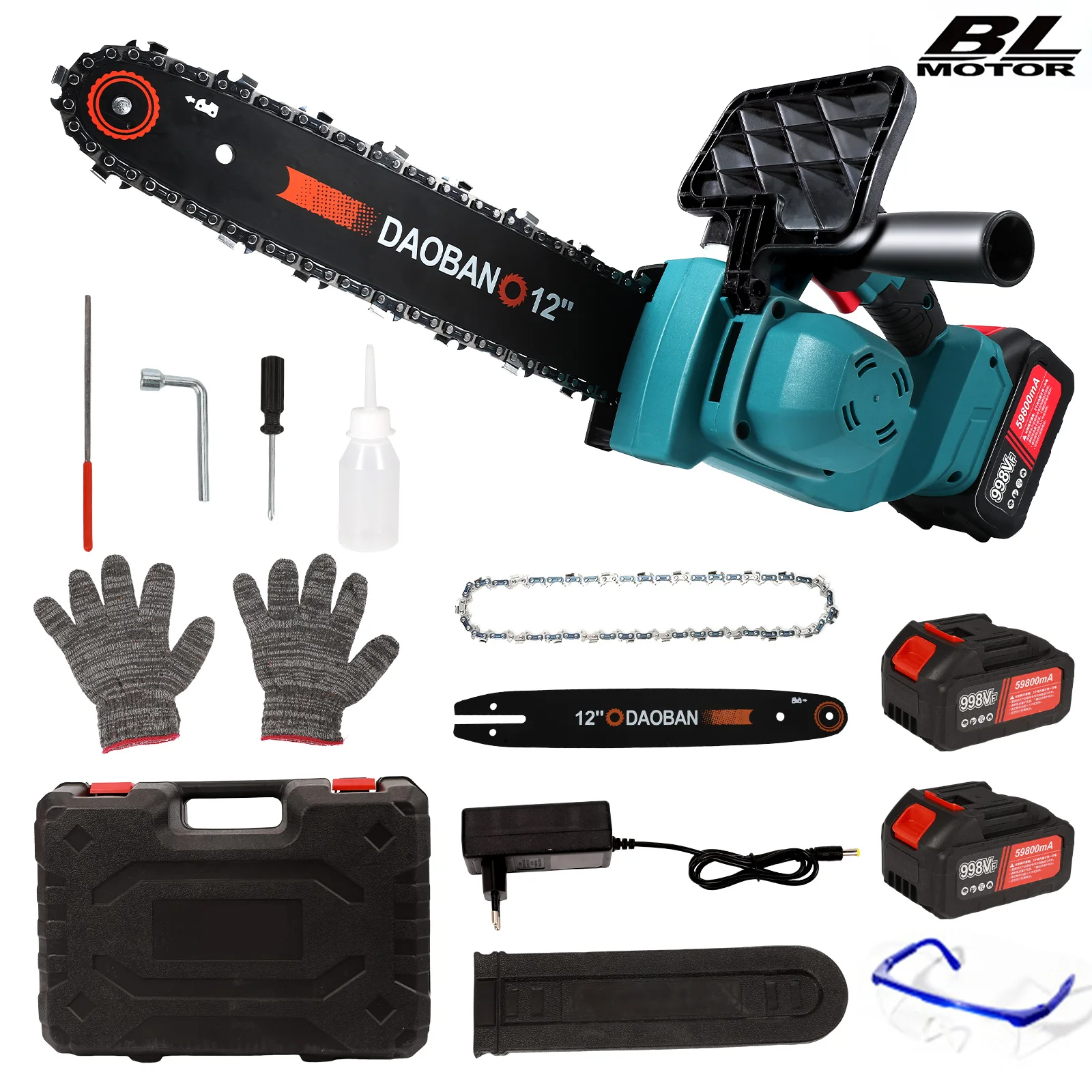 Motosierra eléctrica inalámbrica de 12 pulgadas, 800 W, con cadena de 20 m/s y sistema de lubricación automática, ideal para cortar madera y podar árboles en jardines.