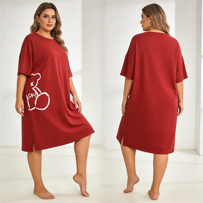 Plus Größe 50-150 kg Bärendruck Nachthemd Damen Sommer übergroßes T-Shirt Nachtwäsche weiches lockeres Homewear Loungewear Kleid