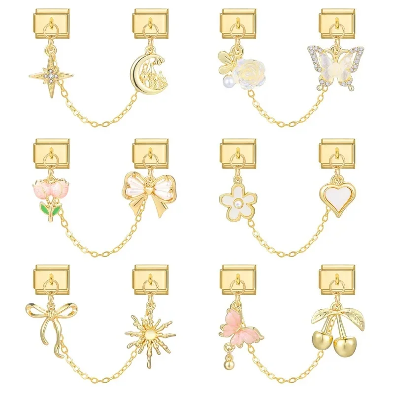 Chaîne de lune cerise, couleur or, cœur rose, étoile, pompon, lien de charme italien, adapté au Bracelet en acier inoxydable de 9mm, bricolage pour femmes, cadeaux