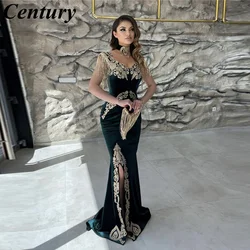 Green Dubai Kaftan Velvet Customized Evening Dress Applique Tassel V Neck Side Slit Women Arabic Formal Prom Dress robes du soir