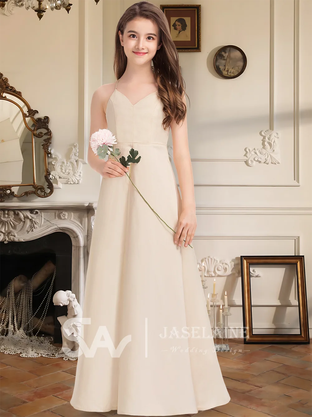 Роскошное атласное платье подружки невесты с v-образным вырезом длиной до пола, трапециевидной формы с перекрещивающимися бретелями и карманами, платье с цветочным узором для девочек, официальное платье для девочек