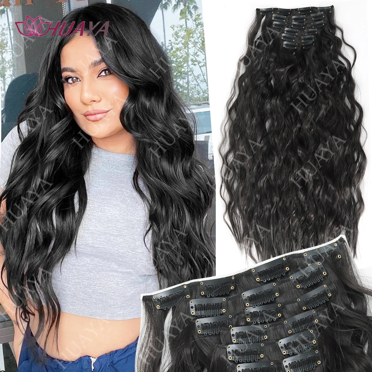 

Синтетические волосы на клипсе, длинные волнистые, 6 шт., толстые шиньоны, черное волокно, натуральный вид, наращивание волос 24 дюйма для женщин