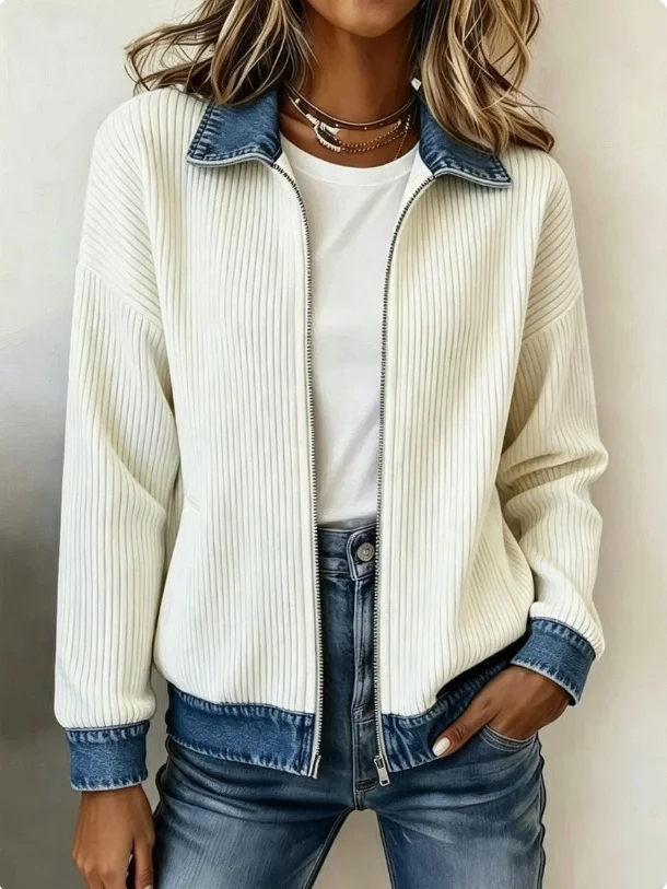 Women Spliced Knit Jacket, Denim Collar Vertical Rib Zip Up Cropped Cardigan Loose Coat For Street Daily Commute