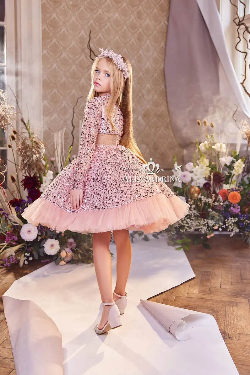 Glänzendes Pailletten-Festzugkleid für Mädchen für Fotoshooting, knielanges Geburtstagskleid, Partykleid, Blumenmädchenkleid für Hochzeiten