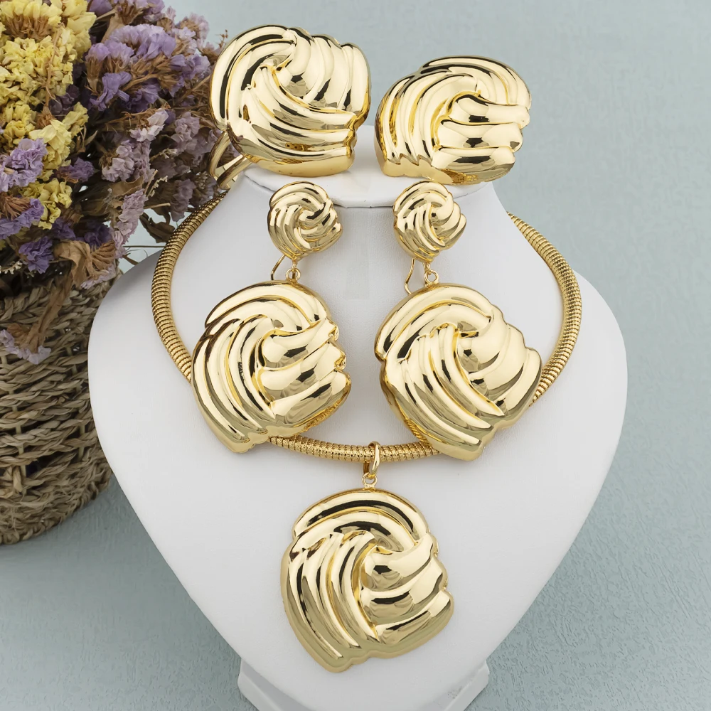 Luxus Weibliche Schmuck-Set Gold Farbe Halskette Großen Kreis Ohrringe Armreif Ring für Mode Frauen Dubai Afrikanischen Partei Schmuck – Detail 1