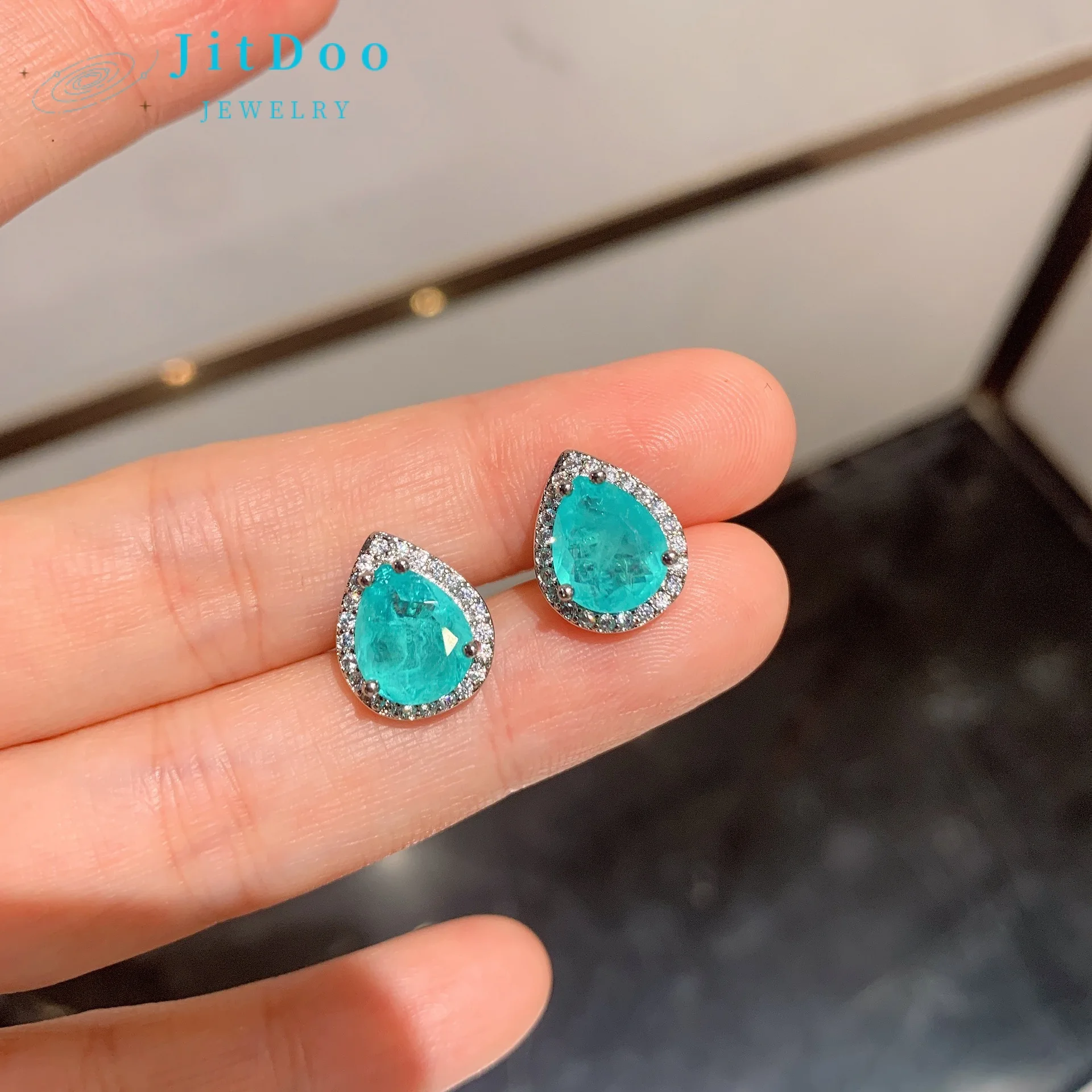 JitDoo Brazilian Bridal Fine Jewelry Set Blue Paraiba Tourmaline Pear Shape Necklace Earring for Women Party Wedding Gift