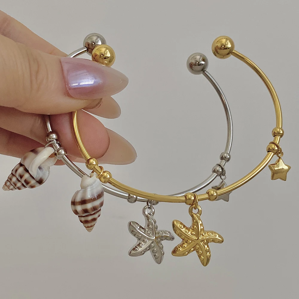 

Ocean Style Starfish Scallop Conch Pendant Bracelet for Women Stainless Steel Opening Bangle Waterproof Summer Beach Jewelry