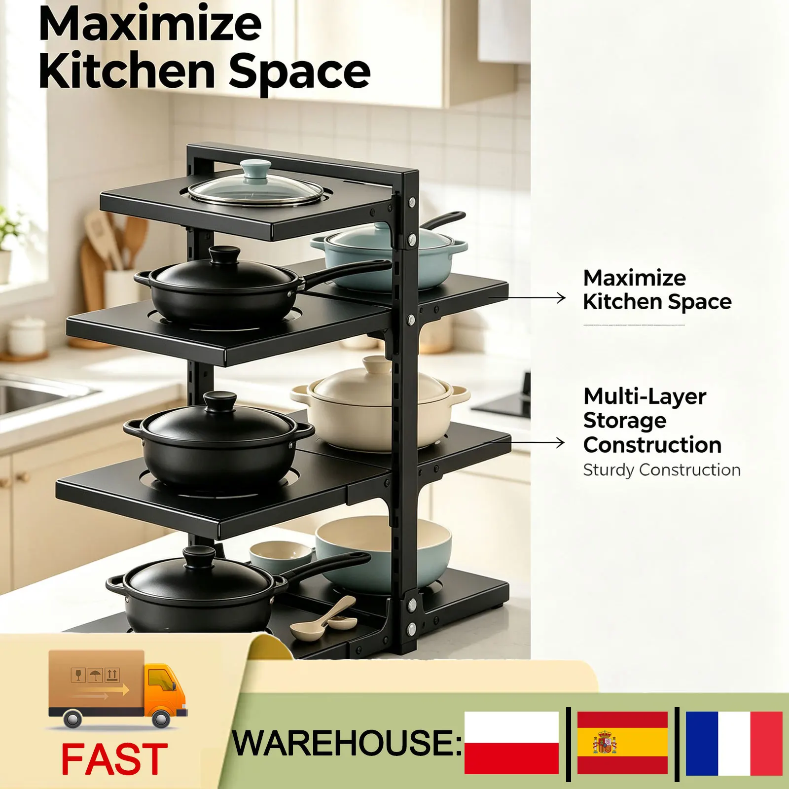 Porta Pentole e Padelle da Cucina, Scaffale Multilivello Regolabile in Altezza per Controsoffitto, Porta Utensili da Cucina con Vaschetta di Scarico Rimovibile, Organizzatore per la Cucina, Scaffale
