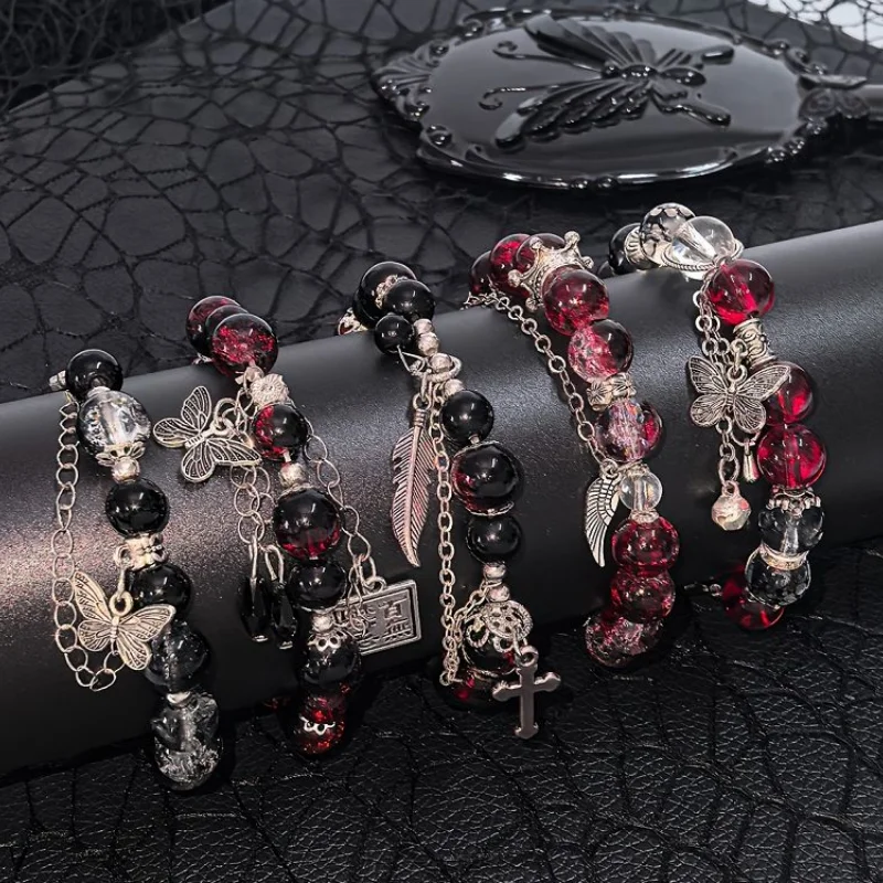 5Pcs Gothic Dark Bead Women's Bracelet Set Red Black Crack Glass Bead Butterfly Cross Wing Feather Pendant Stackable Bracelet