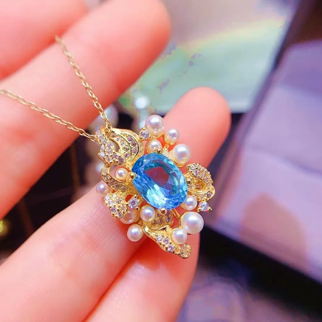 

KJJEAXCMY Boutique Jewelry Girl Swiss Blue Topaz Pendant Necklace 925 Pure Silver Plated 18K Gold Pearl Style Gift Girlfriend