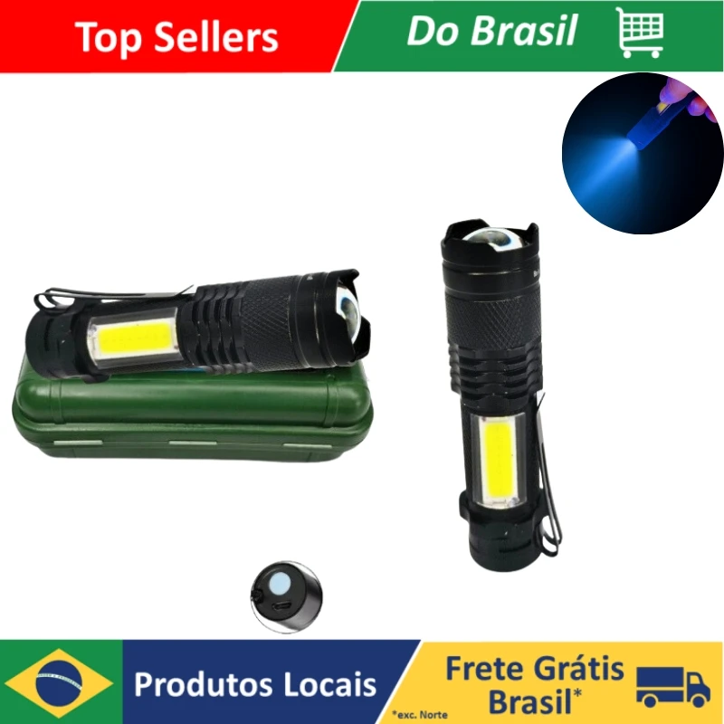 Lanterna Tatica Led Azul , luz forte, portatil, Led E Zoom Recarregável Com Clipes