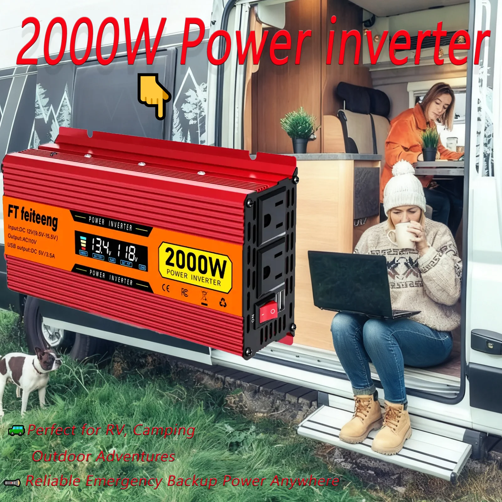 

Инвертор мощности 2000 Вт, преобразователь энергии в автомобиле в дом, розетка переменного тока + двойной USB, стабильный выход высокой мощности для кемпинга/фургона/аварийной помощи