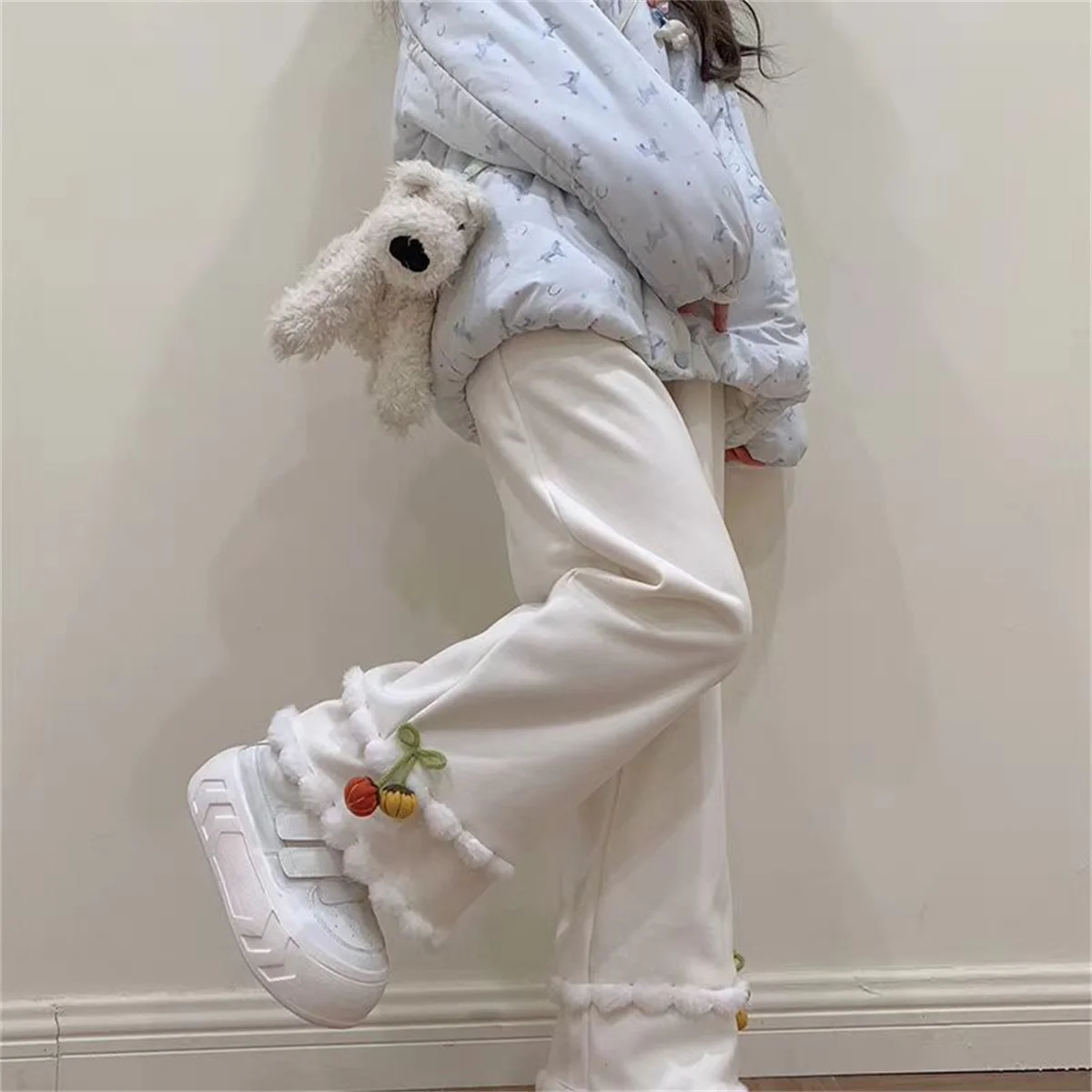 Japanese Kawaii Full Length Pants Women Fluffy Bowknot Decoration Casual Trousers Harajuku Aesthetic Subculture Autumn Pants