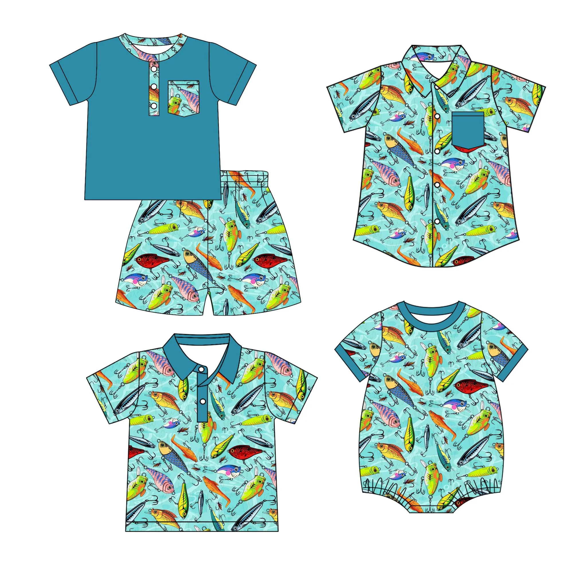 Boutique Baby Boy Clothes Short-Sleeved Cartoon Fish Hook Fish Print Shorts Set with Polo Collar Top and Romper for Baby Boy
