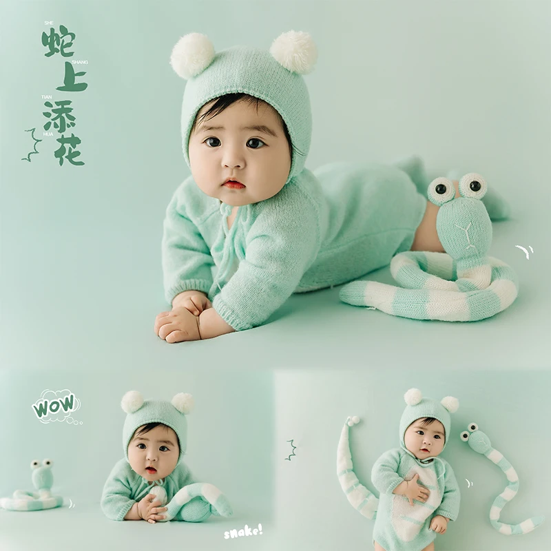 100 Days Baby Photo Props Snake Year Theme Set Knitted Hat Jumpsuit Tail Newborn Photography Clothing Snake Doll Plush Ball Prop