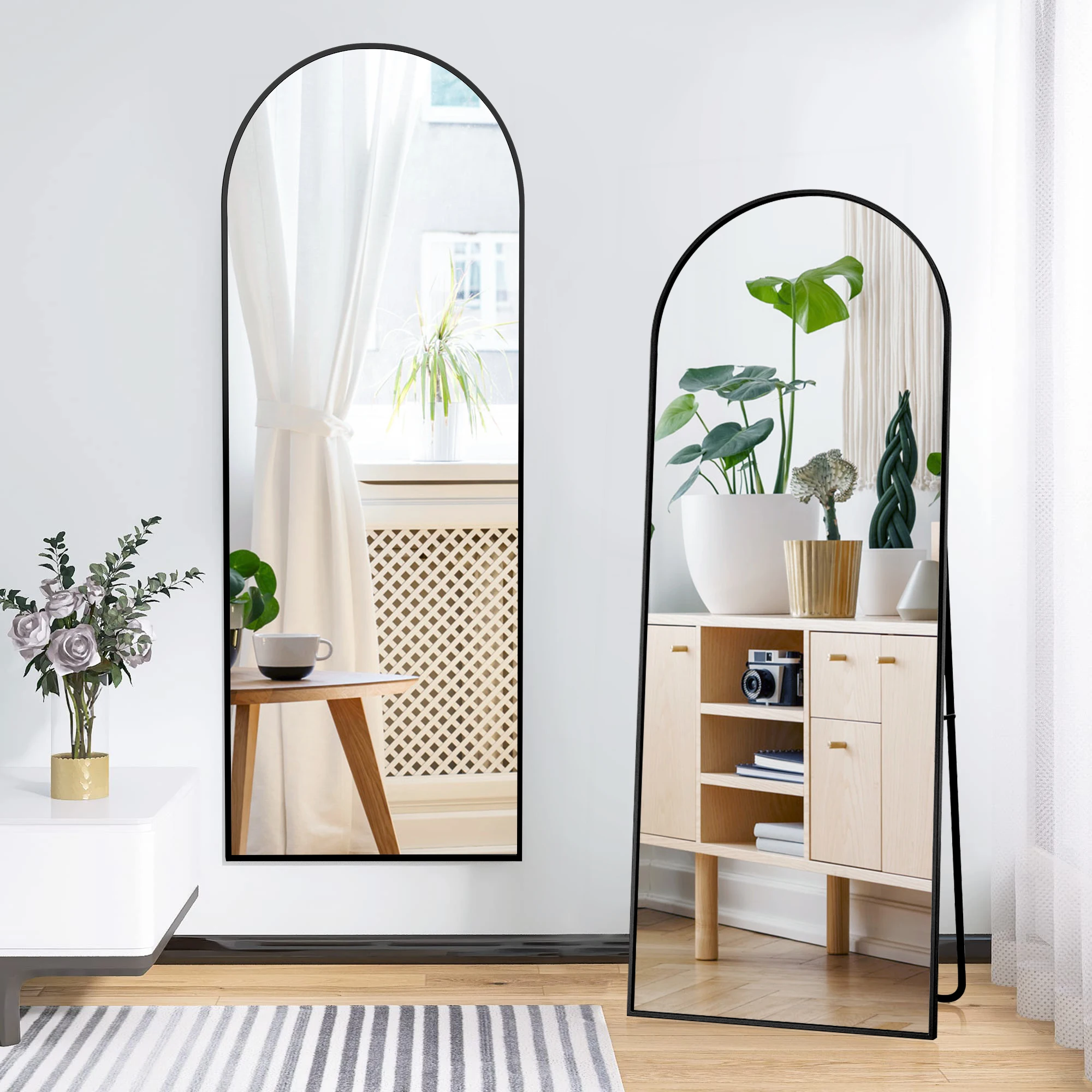 Miroir sur pied Simurq 164x54 cm avec cadre en alliage d'aluminium en arche, miroir de dressing en verre trempé, miroir de corps entier suspendu au mur / sur pied, or / noir