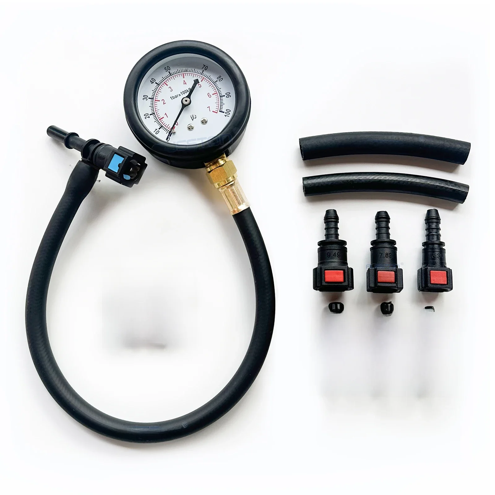 Kit de test de pression de carburant-manomètre de testeur de pression de pompe d'injection de carburant à connexion rapide 0-100PSI avec valve 6.3/ 7.89/ 9.49 pour voiture