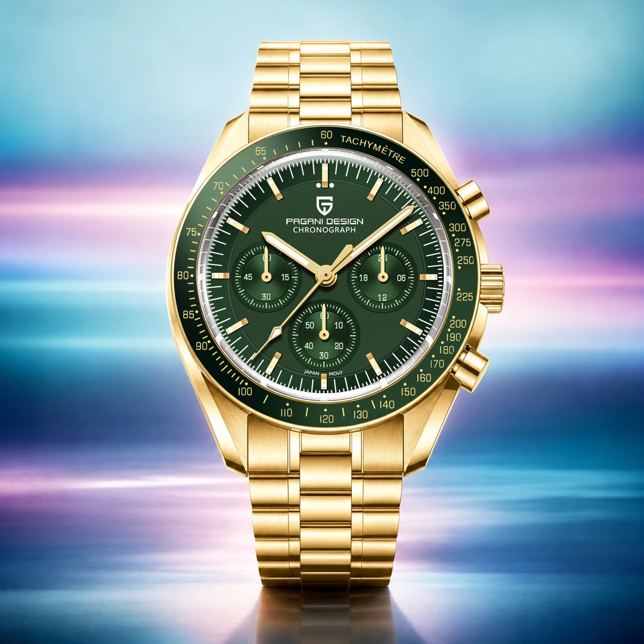 PAGANI DESIGN New Moon Montre Homme Luxe Haut de Gamme Quartz Vert Doré pour Hommes Chronographe Sportif Rapide Montre Homme avec Verre Saphir AR, Lunette en Céramique Lumineuse, Boîtier en Acier Inoxydable, Livraison Locale