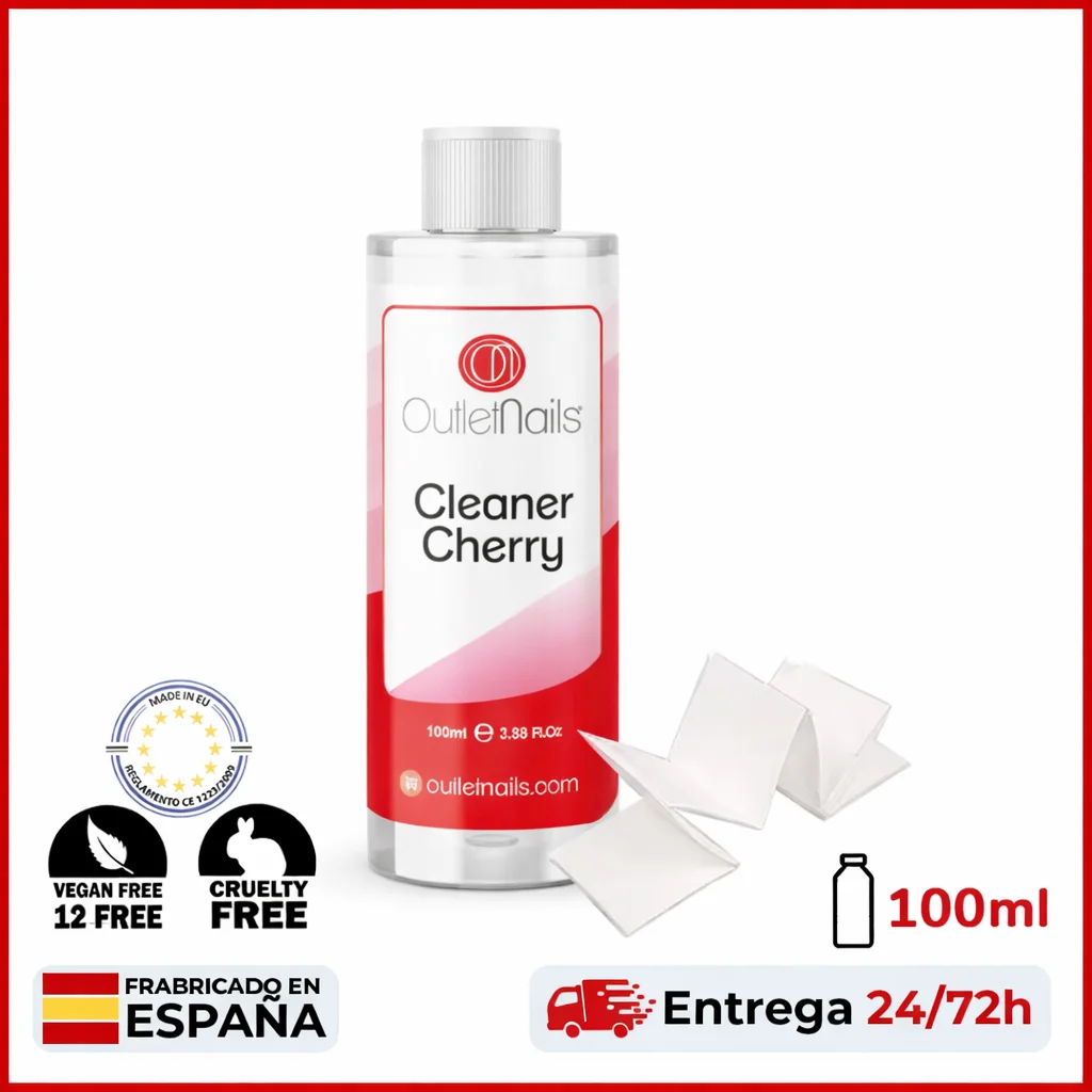 Cleaner para Gel 100ml Aroma Cherry + 10 Celulosas de Alta calidad - Eliminar la capa pegajosa de geles Esmaltes Semipermanentes | ON Outlet Nails  | Uñas de Gel | Made in Spain