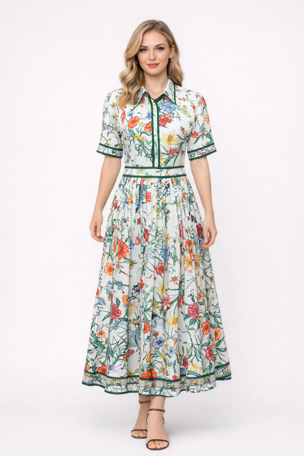

Floral Print Elegant Summer Pleated Runway Design Fashion Midi Long Dress Shirt Lady Office Work Dresses Street Casual
