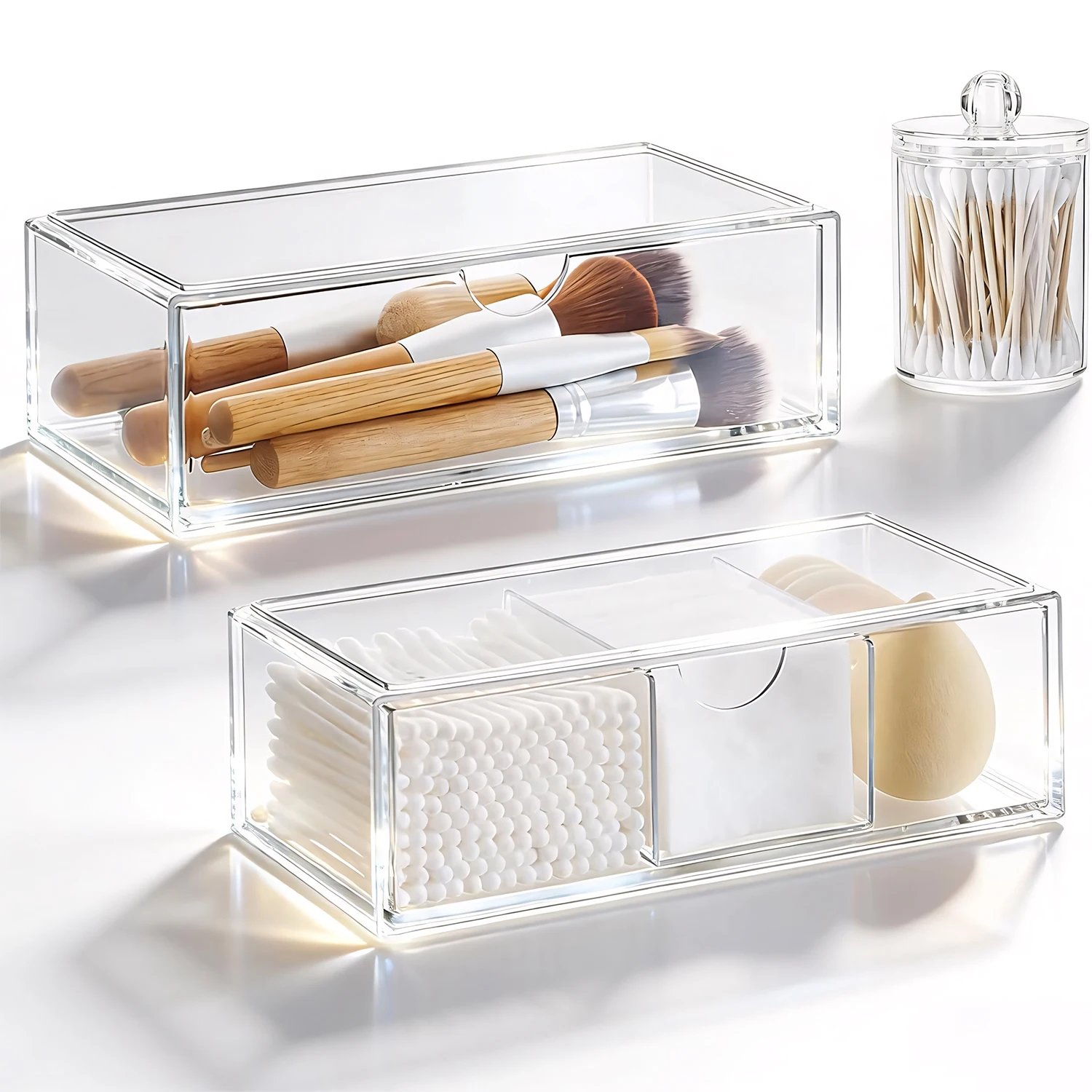 Set di 3 Contenitori per Trucchi in Acrilico - 2 Scatole Rettangolari (20,5×10×7 cm) e 1 Contenitore Rotondo (Ø11×6,5 cm) - per Dischetti di Cotone, Bastoncini di Cotone e Cosmetici, Salvaspazio per