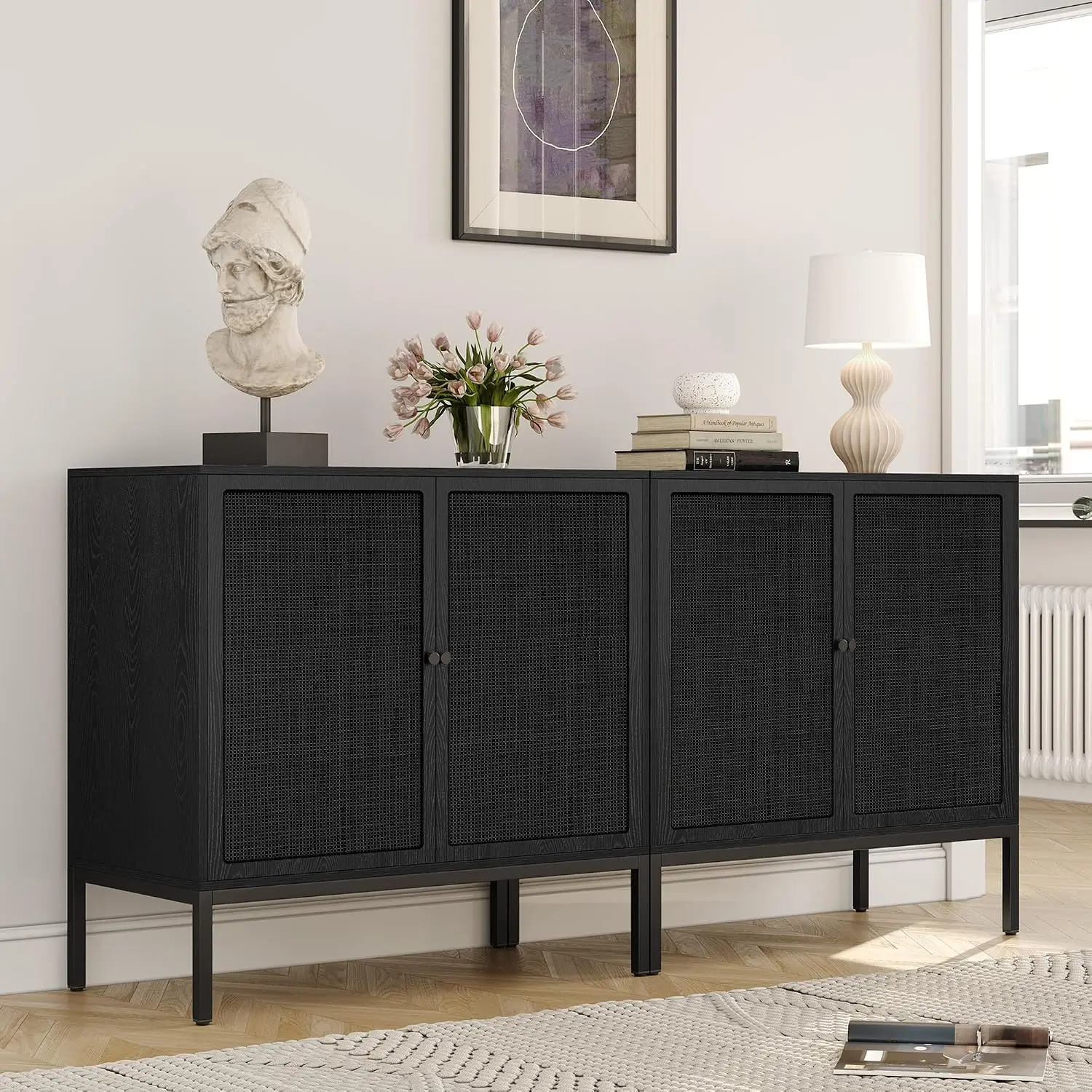 63“ W Black Rattan Cabinet, Farmhouse Sideboard Cabinet with Natural Rattan Decorated Doors, Accent Cane Credenza Buffet Console Storage, for Living Room Entryway Kitchen, Metal Legs