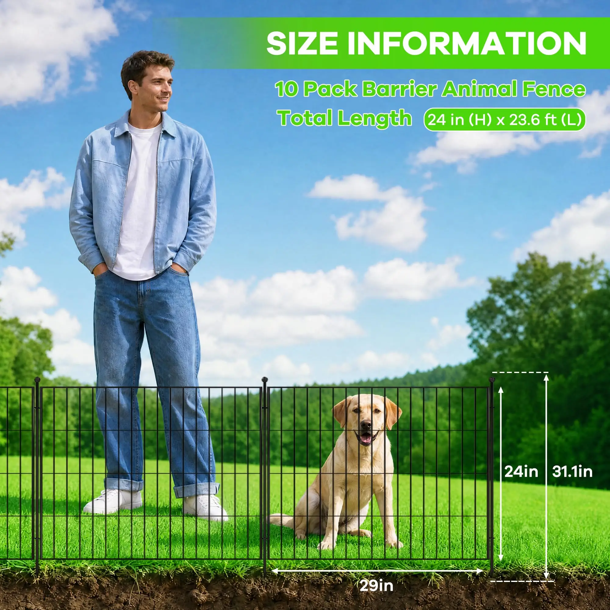 Decoratieve tuinomheining zonder graven, 10-pack dierenbarrière hondenomheining, 7,2 meter stevige metalen draadomheining voor tuin, moestuin, bloembed, vijver, camper, tijdelijke buitenomheining,