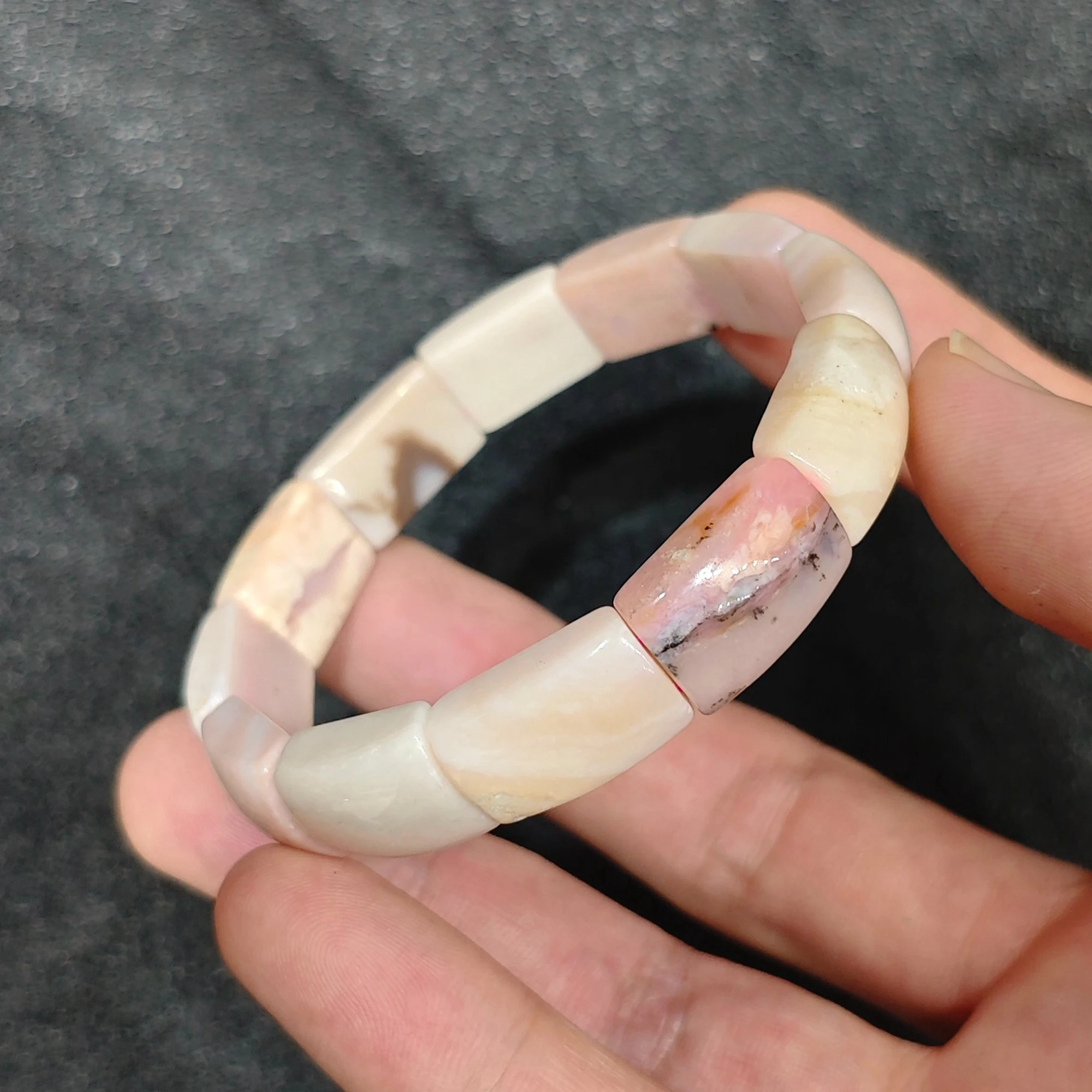 Natural Pink Common Opal Gemstone Segment Bracelet Entry Grade Curved Pebble Bangle Matrix Inclusions Elastic Wristband