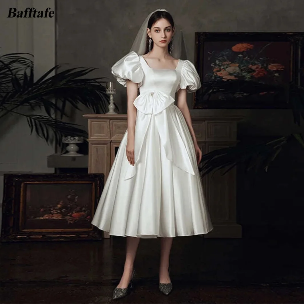 

Bafftafe Fairy A Line Satin Evening Dresses Short Sleeves Square Bow Corset Back Women Prom Gowns Formal Party Dress Customized