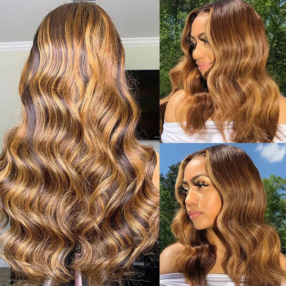 Zestawy ludzkich włosów w kolorze miodowo-blond z zamknięciem Body Wave Highlight Color # P4/27 Przezroczysta koronka 13x4 z przodu, 3 wiązki ludzkich włosów