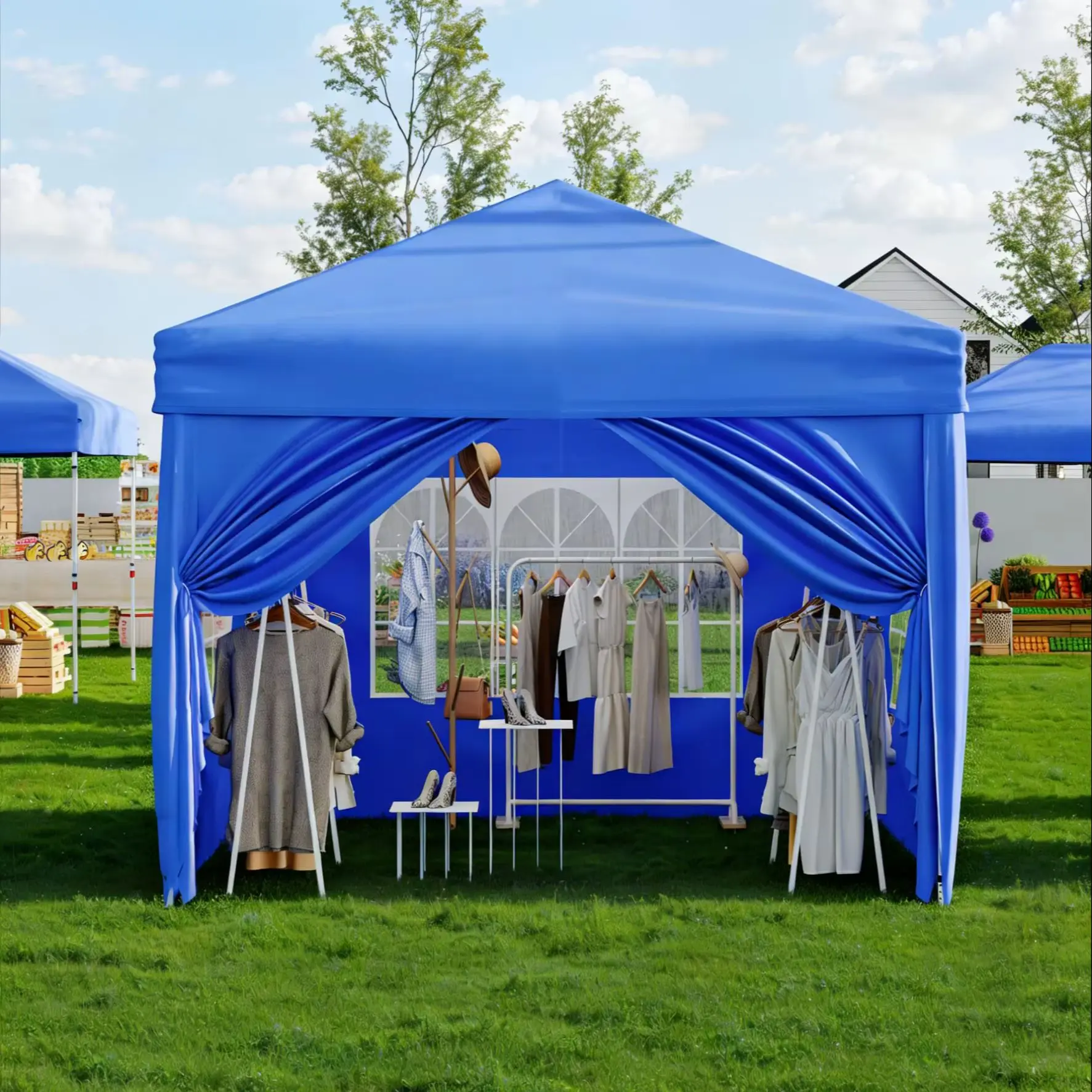 Pavillon pop-up 3 x 3 m, imperméable, protection UV 50+, structure en acier robuste, 4 parois latérales, hauteur réglable, avec sac de transport, sacs de sable, piquets et cordes, bleu