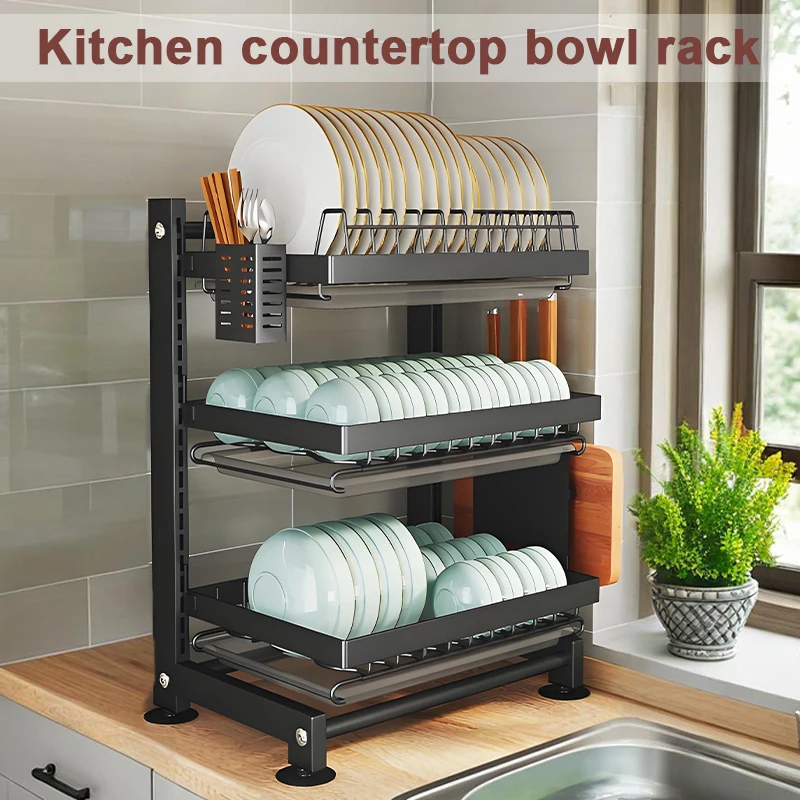 

Kitchen Drying Rack for Bowls with Chopping Board, Chopsticks Holder, and Dish Storage, featuring Adjustable Card Slots