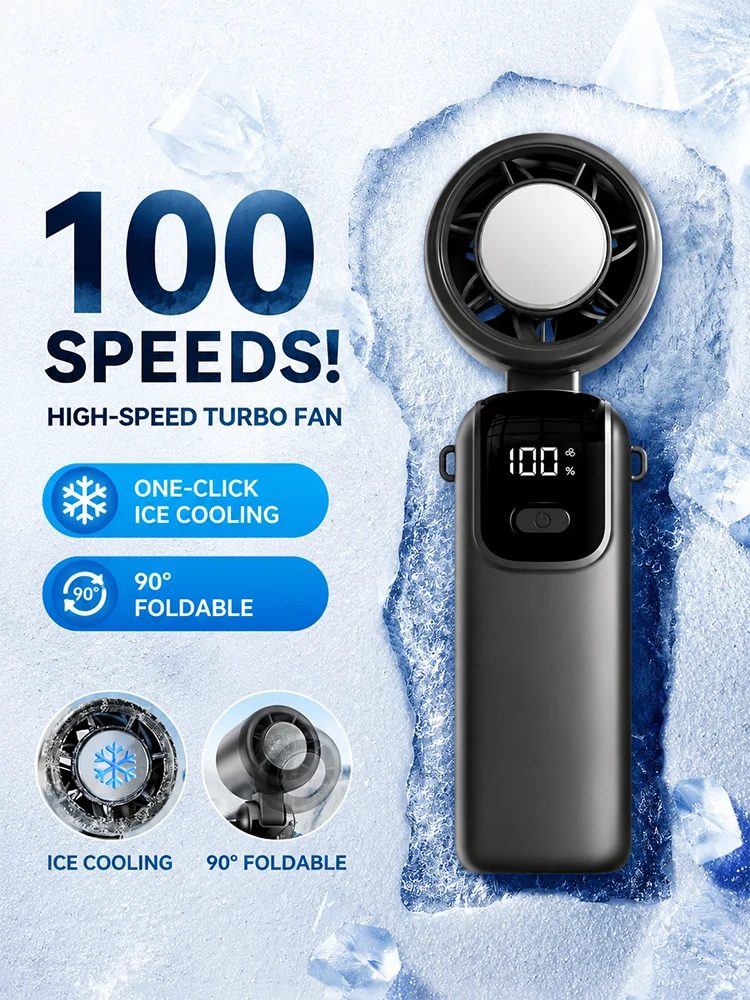 2026 New Ice Cooling Handheld Fan 100 Speeds Powerful Wind Refrigeration LED Digital Display Portable Foldable 90° Adjustable