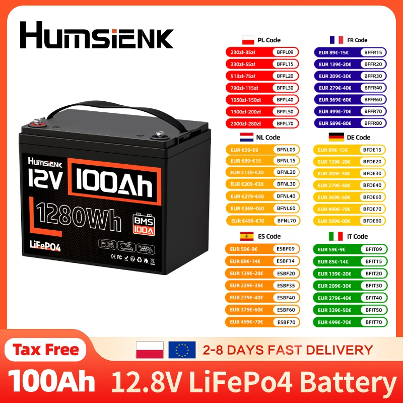 HumsiENK 12V 100Ah LiFePO4 batterie intégrée 100A BMS 8000 Cycle pour RV/moteur de pêche à la traîne/chariot de Golf/Camping/garantie 2 ans/UL 1973