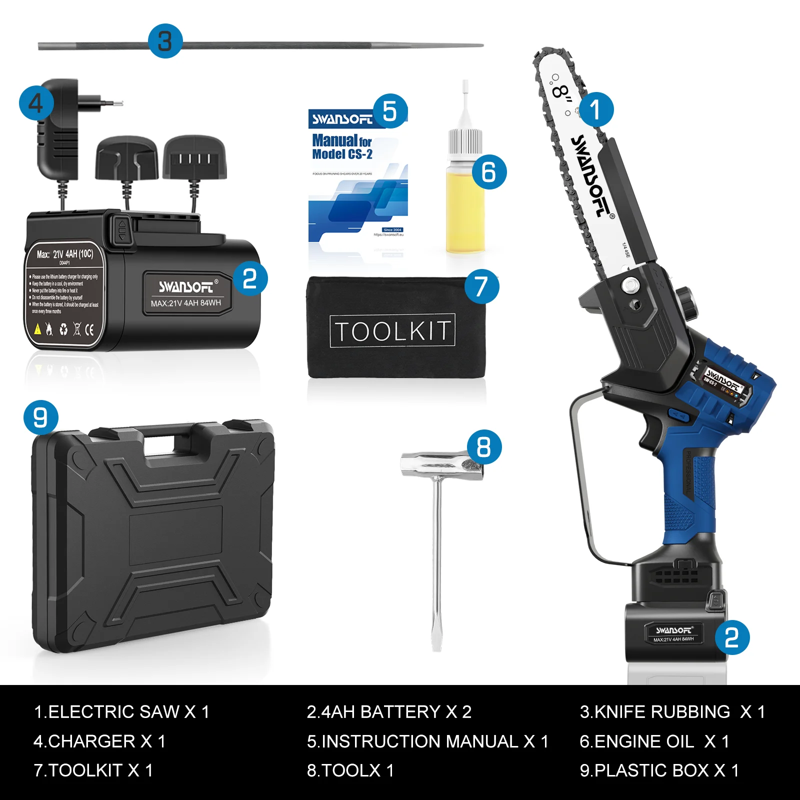 SWANSOFT 8-INCH CS-2 Brushless battery chainsaw, 21V 4AH mini chainsaw gardening saws