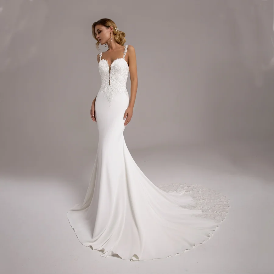 

Stunning Satin Mermaid Wedding Dress Features V-neckline And Applique Straps Sensational Backless Bridal Gown with Court Train