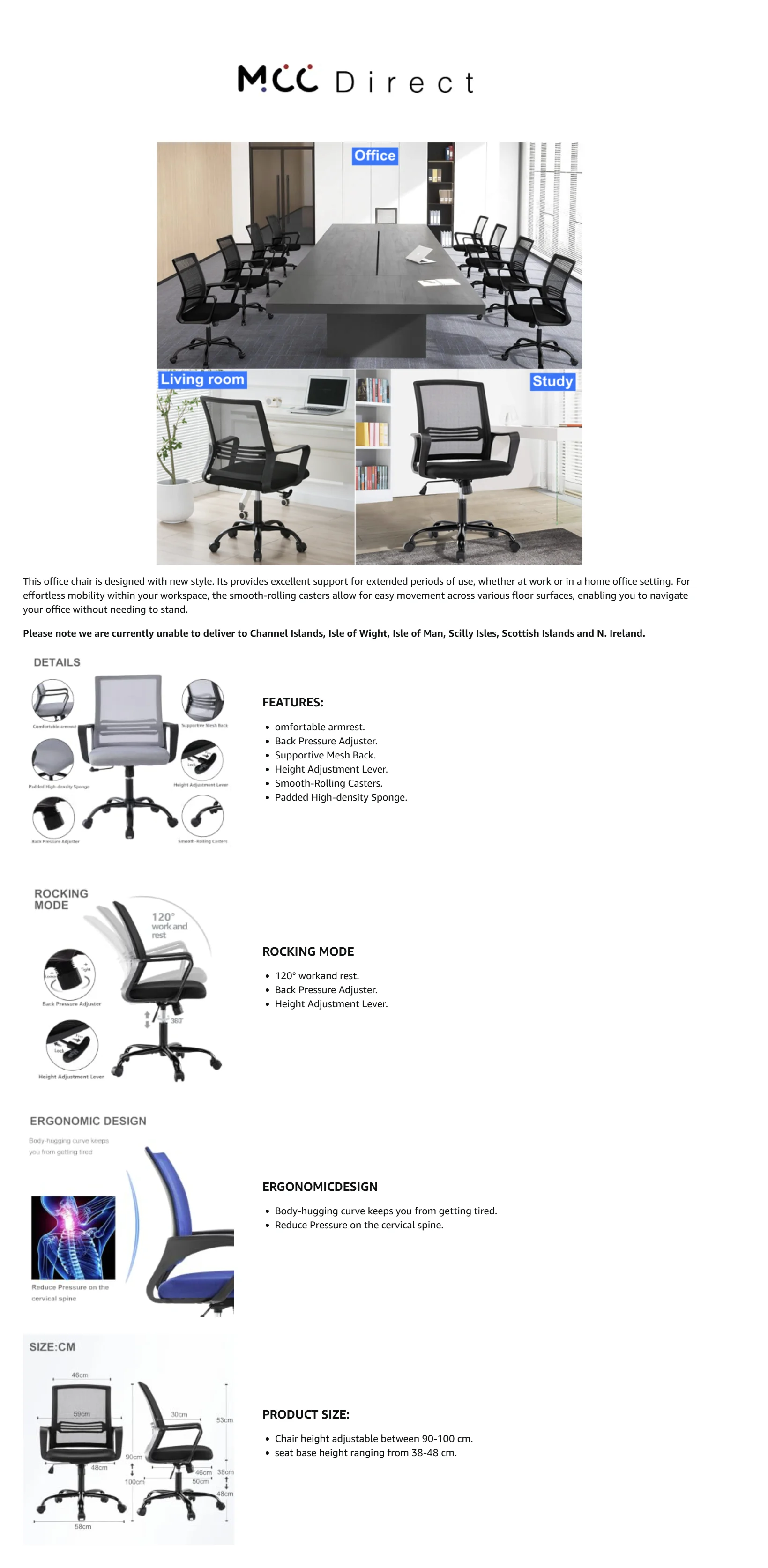 mcc direct Adjustable Office Chair w/Padded Seat Cushion, Height Adjustable Computer Chair w/Lumbar Support and Swivel Rocking