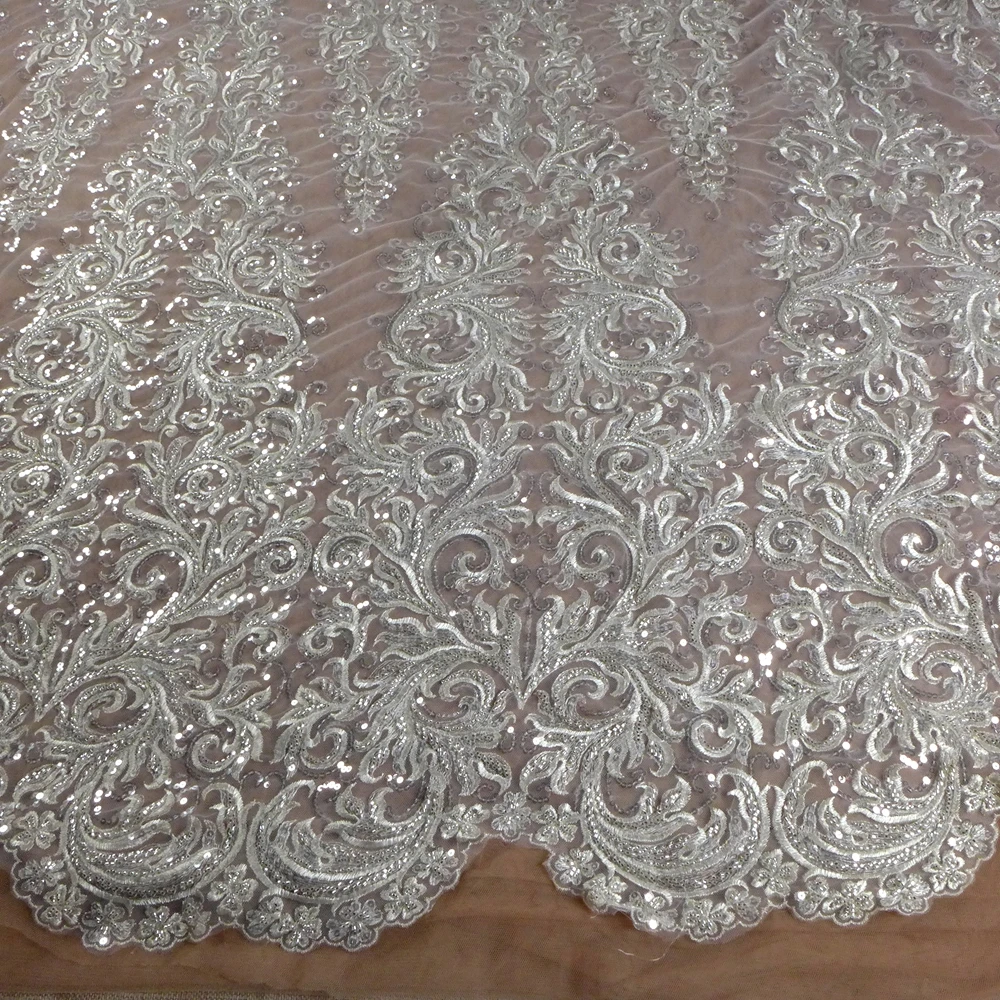 HelluyerDC Silvery beading lace fabric,One Side patterns lace for fashion,wedding,evening,dance gown by the yard