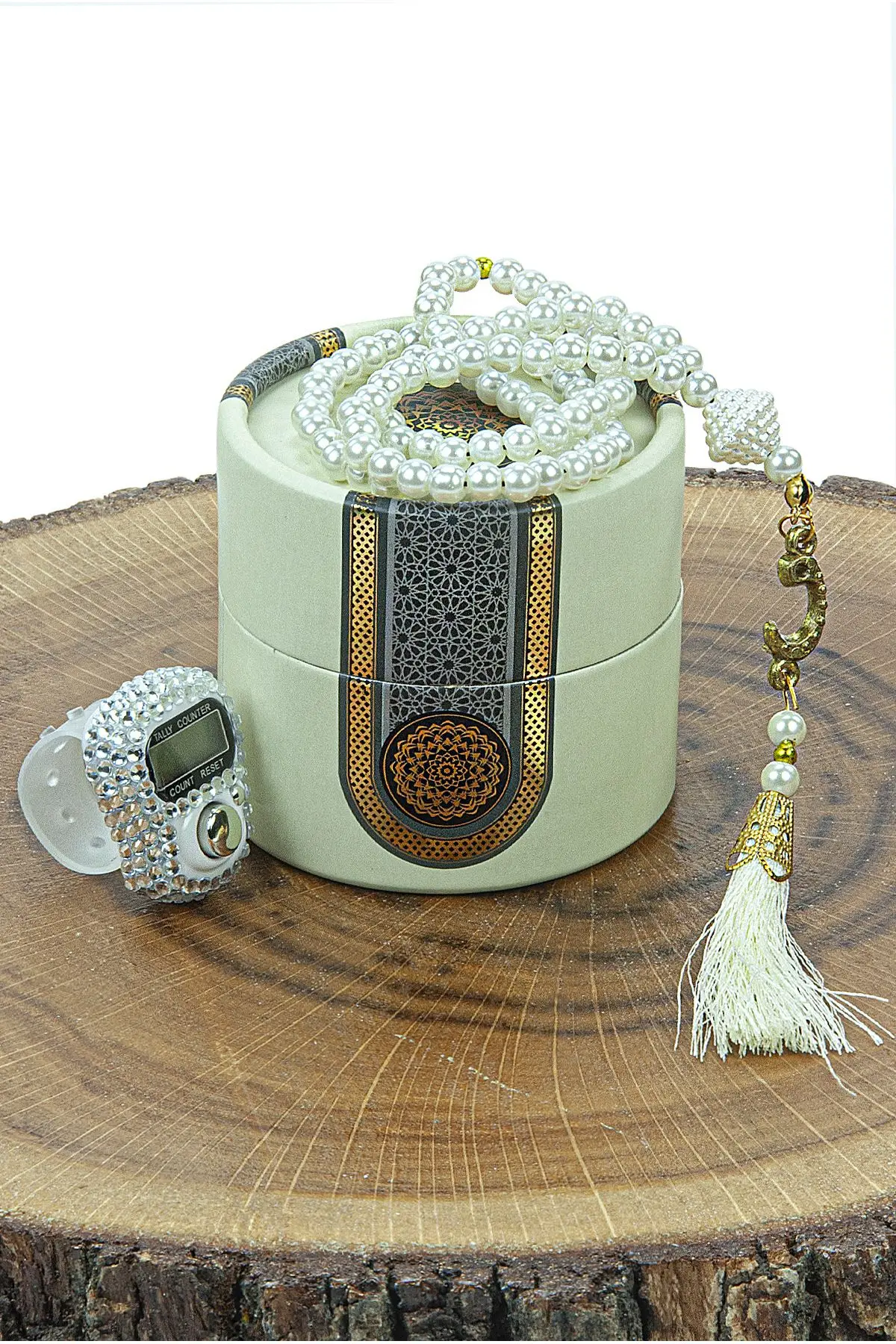 

Cylinder Box With Pearl Rosary Stone Zikirmatic Mevlüt Gift Set Cream-White wedding engagement word Mevlüt baby shower gift