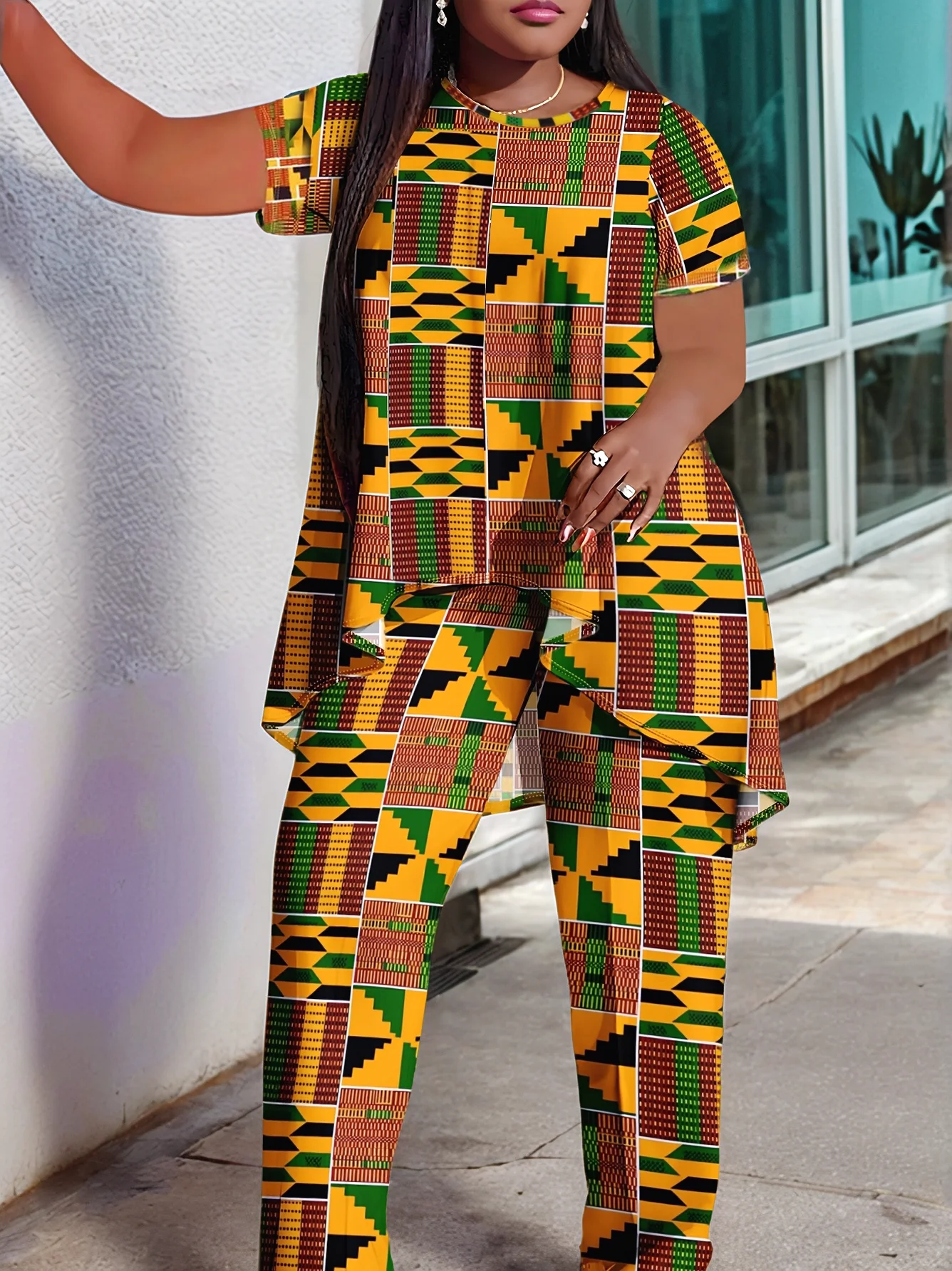 مقاس كبير، ملابس أوروبية وأمريكية متعددة الألوان منقوشة بطباعة هندسية، مجموعة سراويل عصرية واسعة الساق، مريحة في الارتداء،