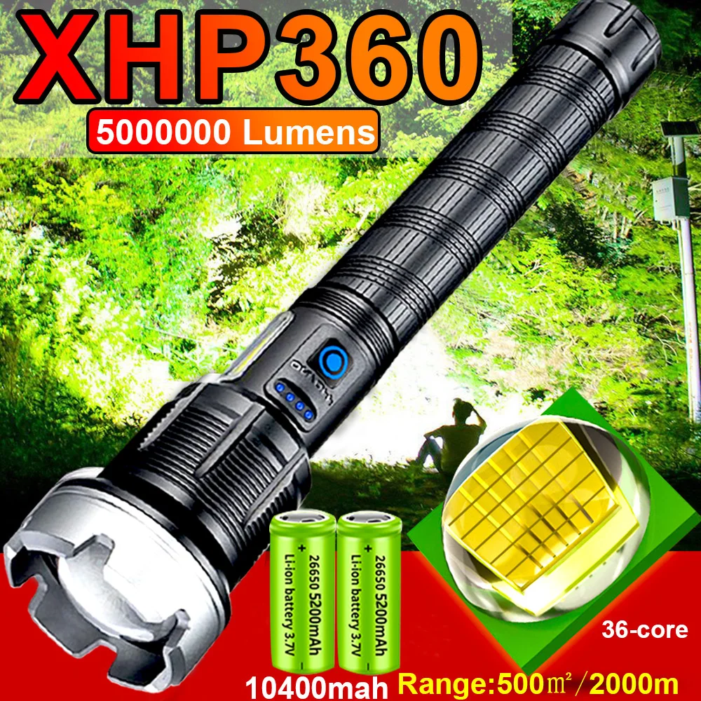 XHP360 Most Powerful LED Flashlight 5000000LM USB Rechargeable Flash Light 7 Modes Zoom Torch Tactial Flash Lantern 10400mAH