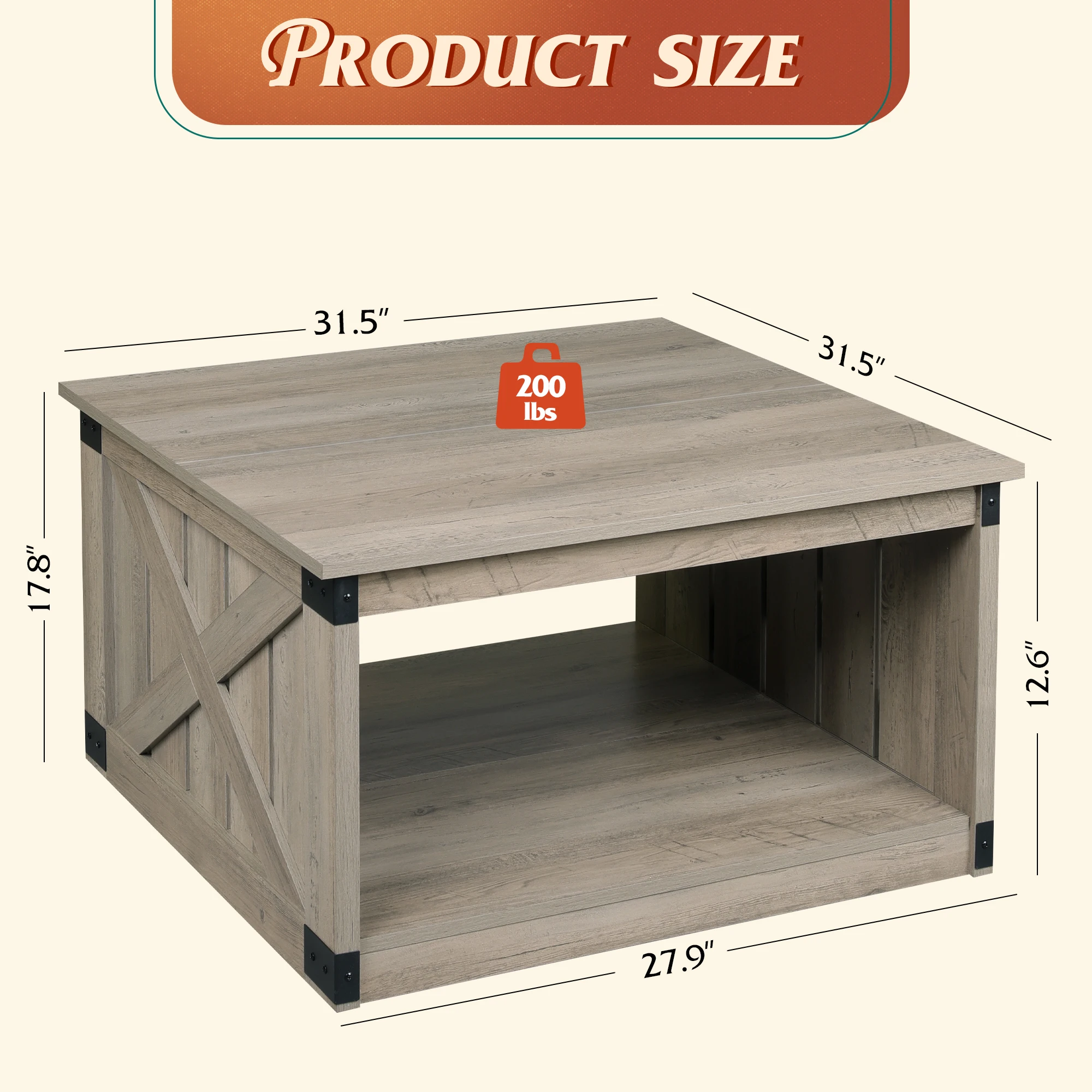 Coffee Table, Farmhouse Coffee Table with Open Storage, 31.5" Wood Square Living Room Tables, Rustic Dining Cocktail Center Table for Living Room, Greige image 2