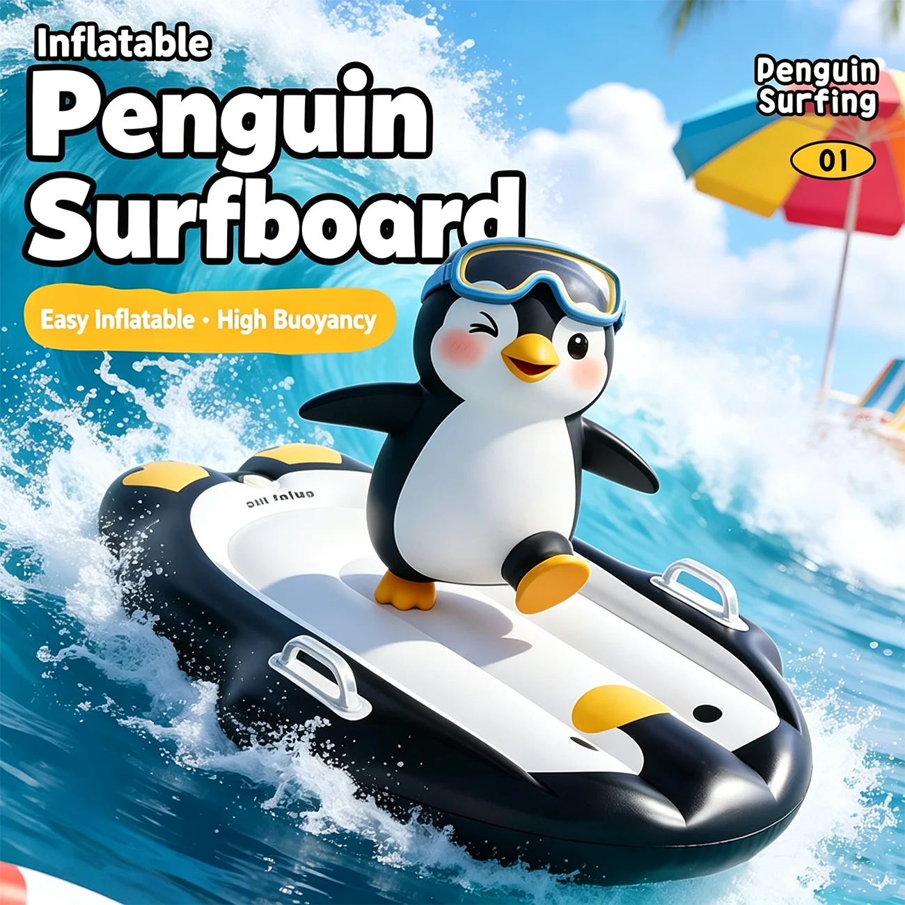 Penguin Inflatable Surfboard Float with Dual Handles, Press-to-Inflate Water Board for Pool Beach Summer Fun
