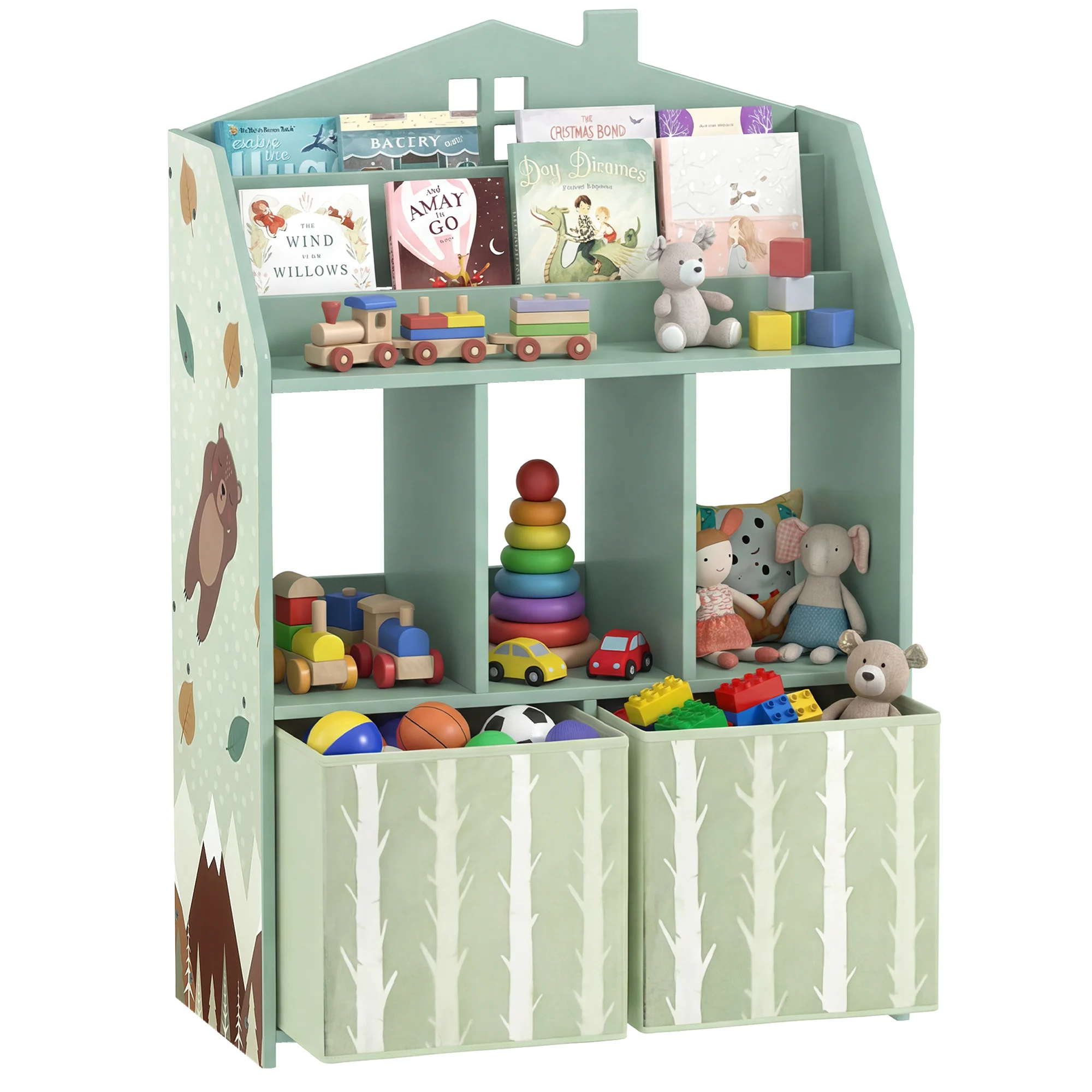 Étagère à livres pour enfants en forme de maison, armoire de rangement pour jouets, bibliothèque pour enfants sur le thème des animaux de la forêt avec étagères ouvertes et placards fermés, meubles d'organisation pour chambre d'enfant et salle de jeux